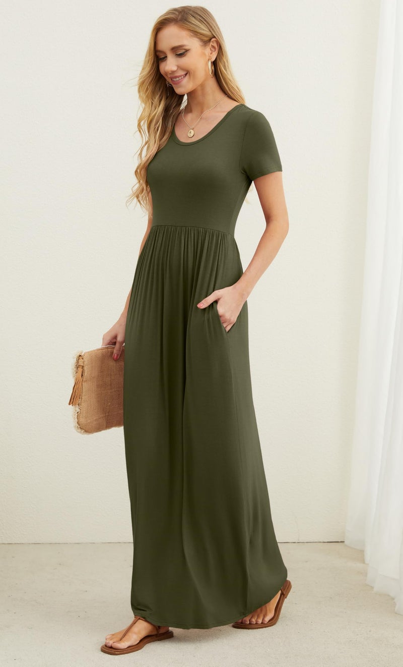 GRECERELLE Women Summer Crew Neck Casual Short Sleeve Long Maxi Dress with Pockets, Army Green, M - Image 3
